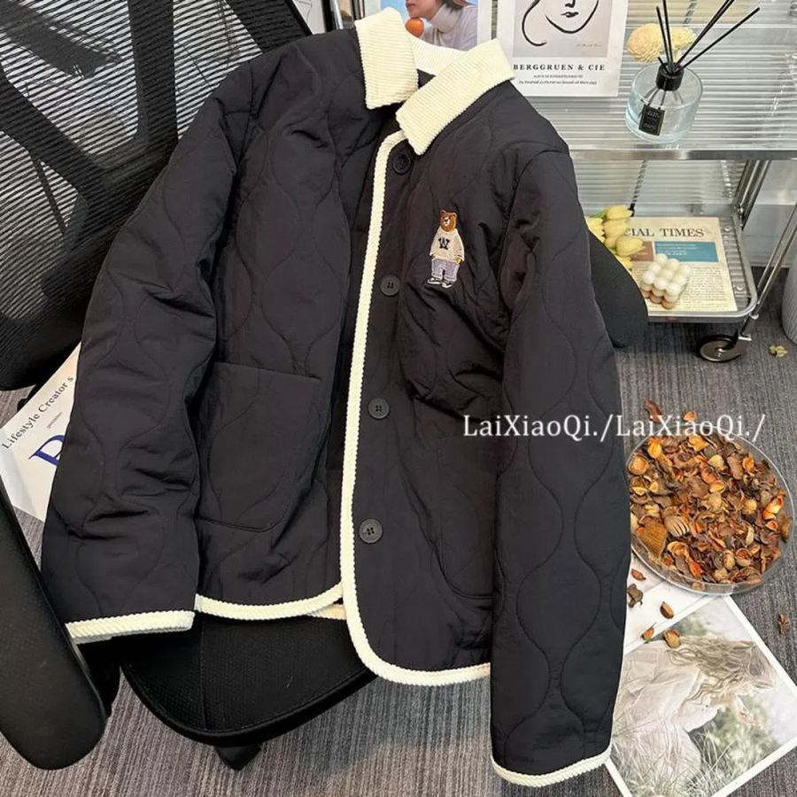Bear Embroidery Quilted Jacket