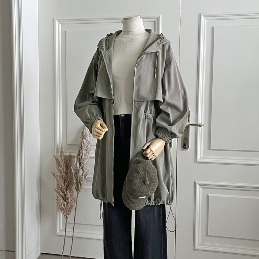 Long Fall Hooded Zip-Up Windbreaker