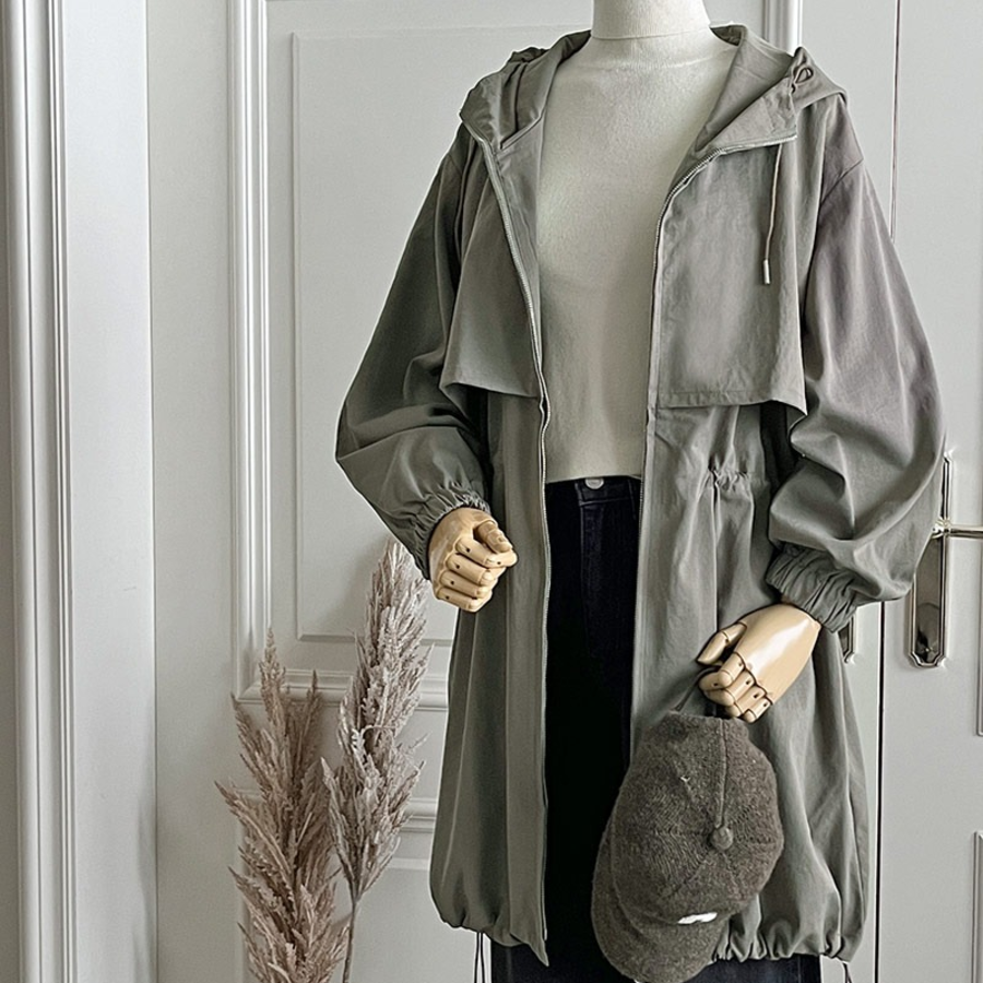 Long Fall Hooded Zip-Up Windbreaker