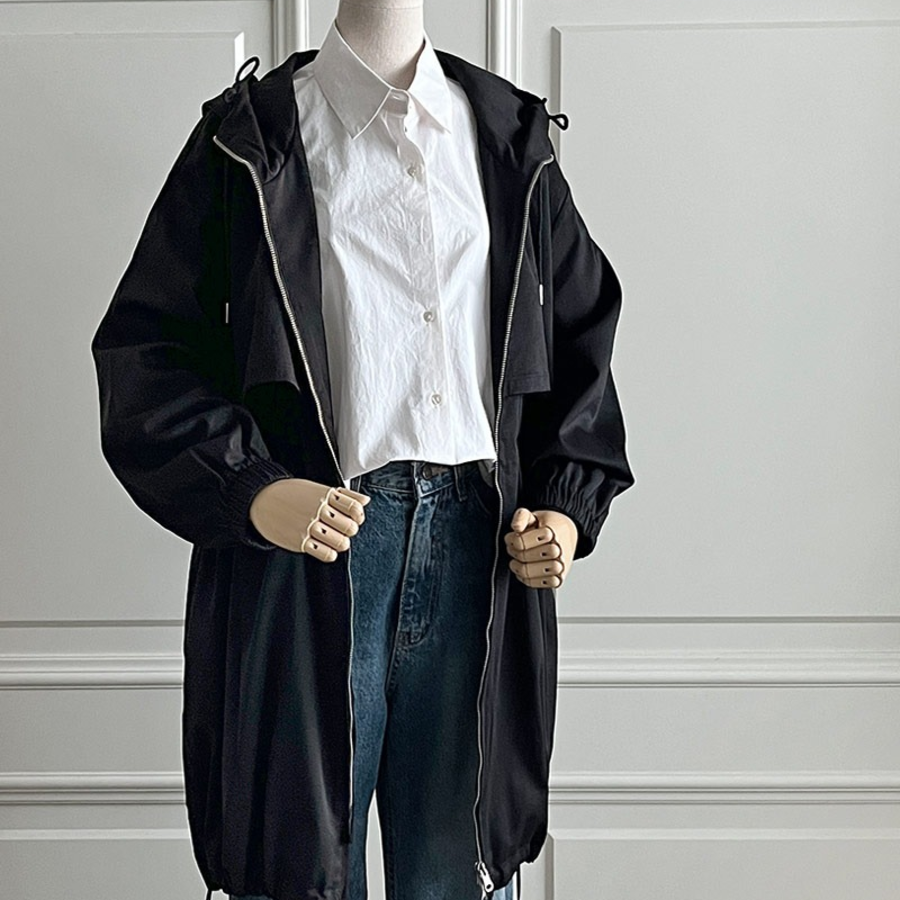 Long Fall Hooded Zip-Up Windbreaker