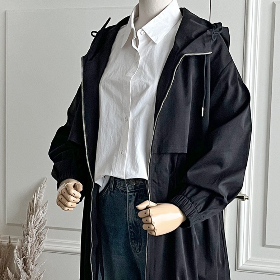 Long Fall Hooded Zip-Up Windbreaker