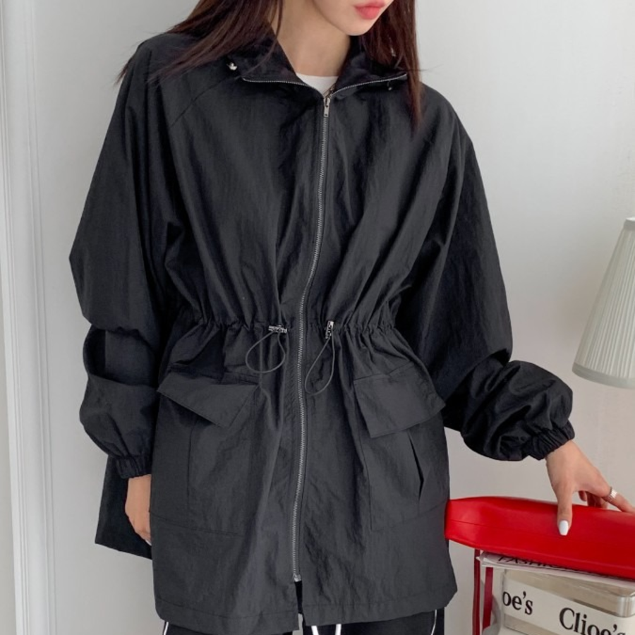 Cotton Half Nylon Shirring Hooded Jacket