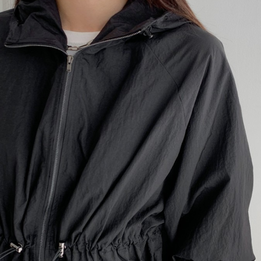 Cotton Half Nylon Shirring Hooded Jacket