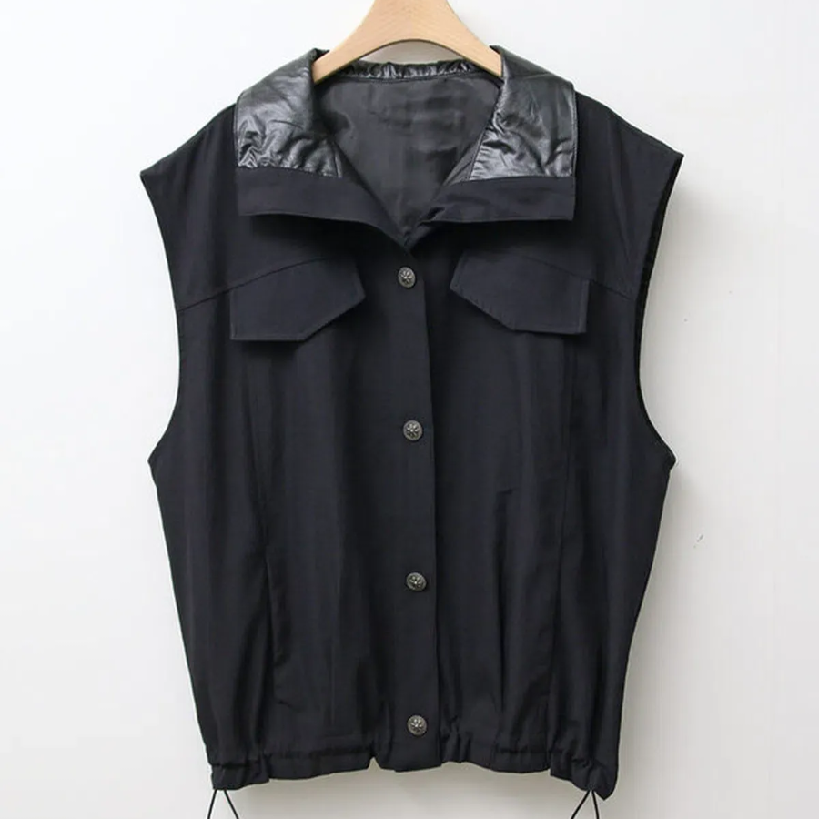 Synthetic Leather Collar Casual Vest Jacket