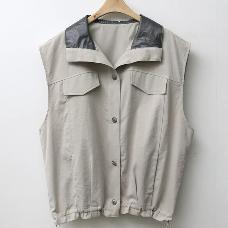 Synthetic Leather Collar Casual Vest Jacket