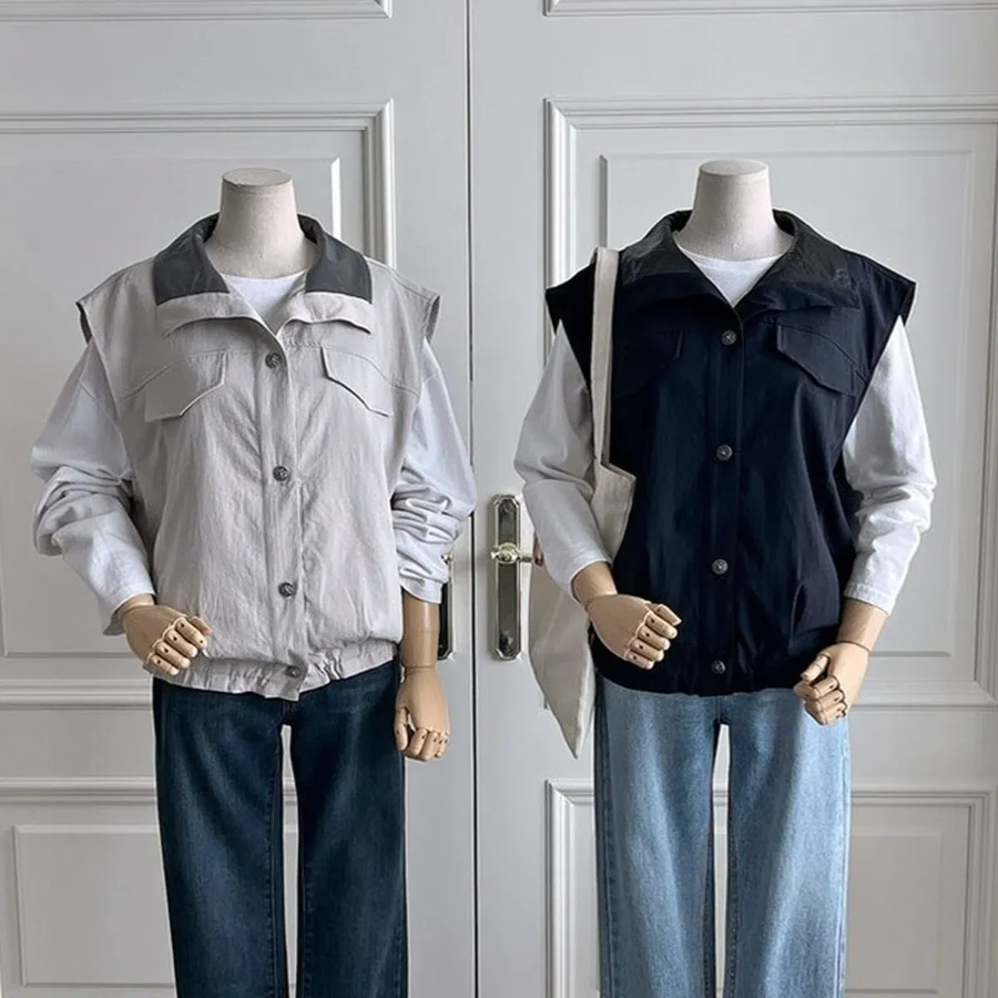 Synthetic Leather Collar Casual Vest Jacket