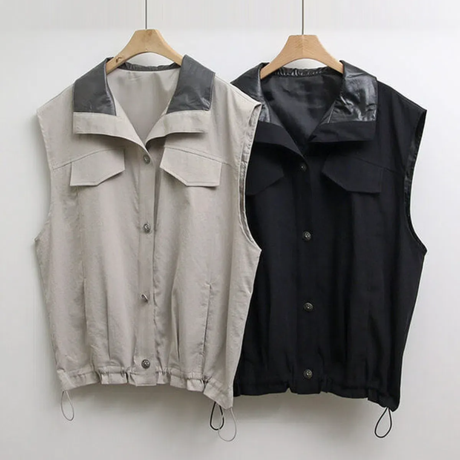 Synthetic Leather Collar Casual Vest Jacket
