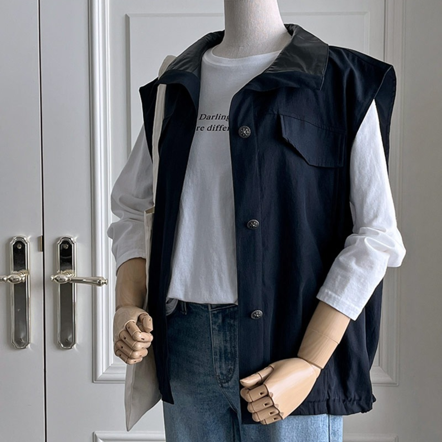 Synthetic Leather Collar Casual Vest Jacket