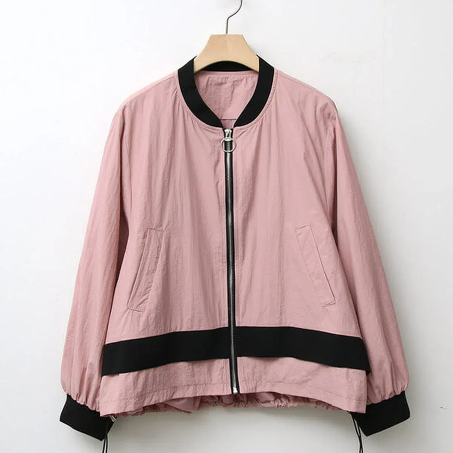 Color-Block No Collar Simple Field Bomber Jacket