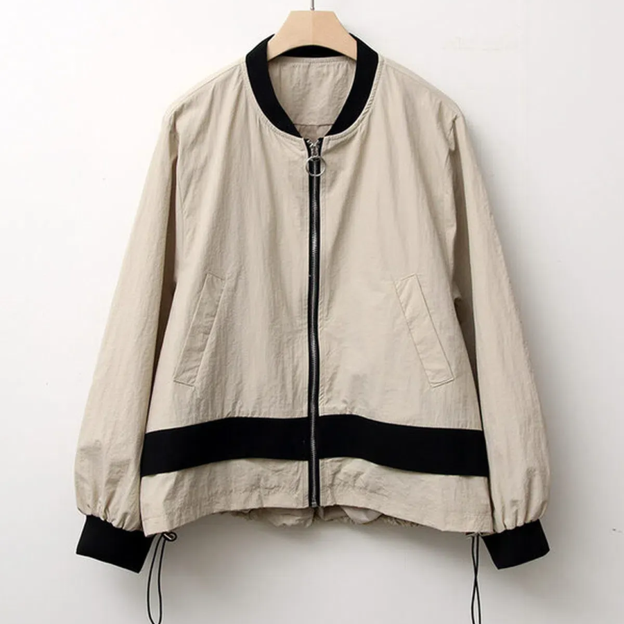 Color-Block No Collar Simple Field Bomber Jacket
