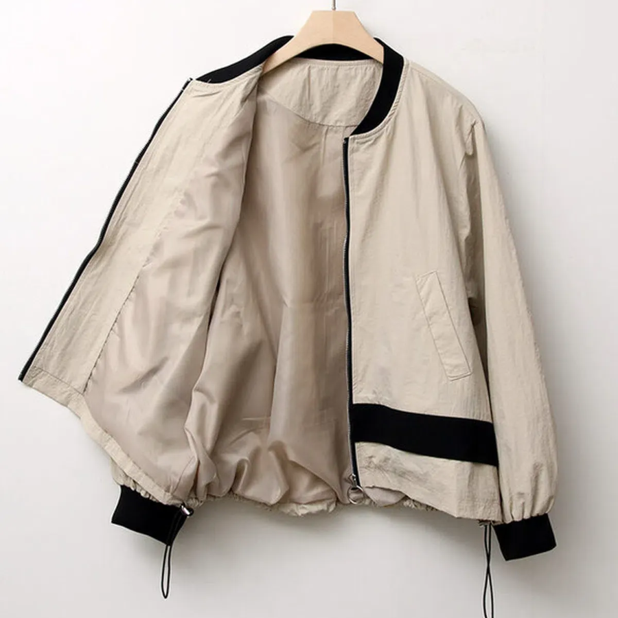 Color-Block No Collar Simple Field Bomber Jacket
