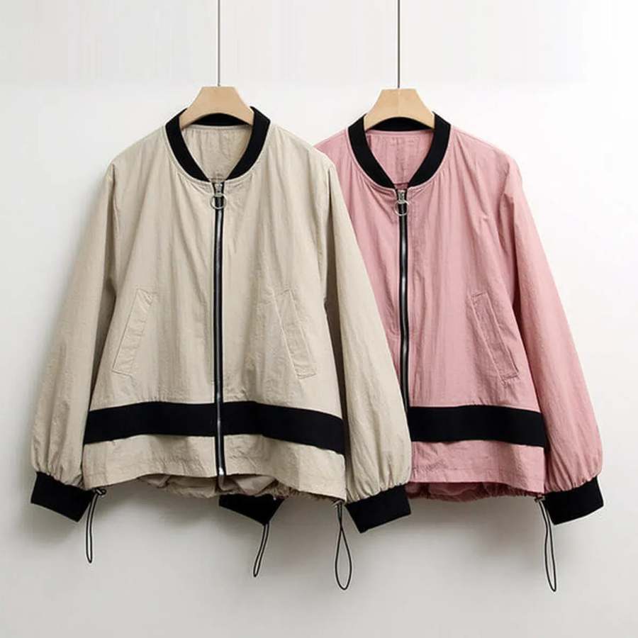 Color-Block No Collar Simple Field Bomber Jacket