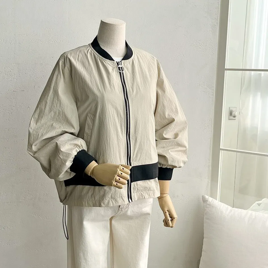 Color-Block No Collar Simple Field Bomber Jacket