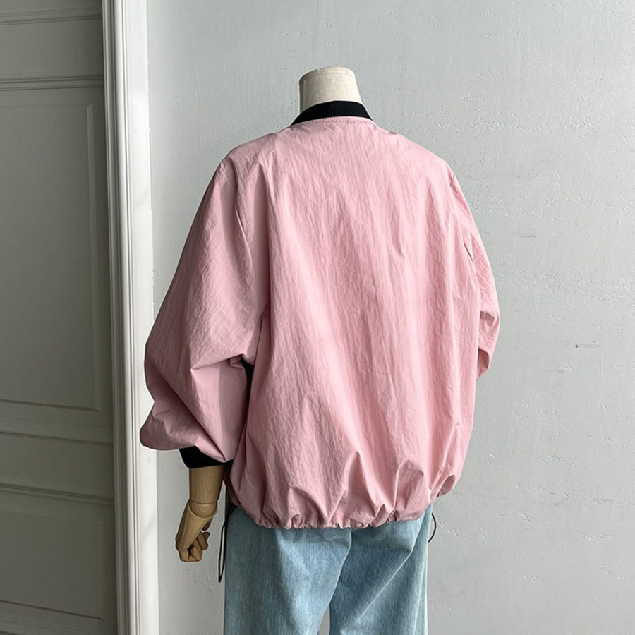 Color-Block No Collar Simple Field Bomber Jacket