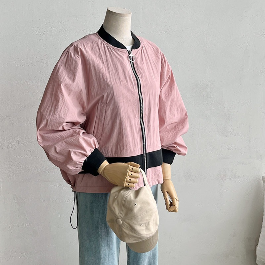 Color-Block No Collar Simple Field Bomber Jacket