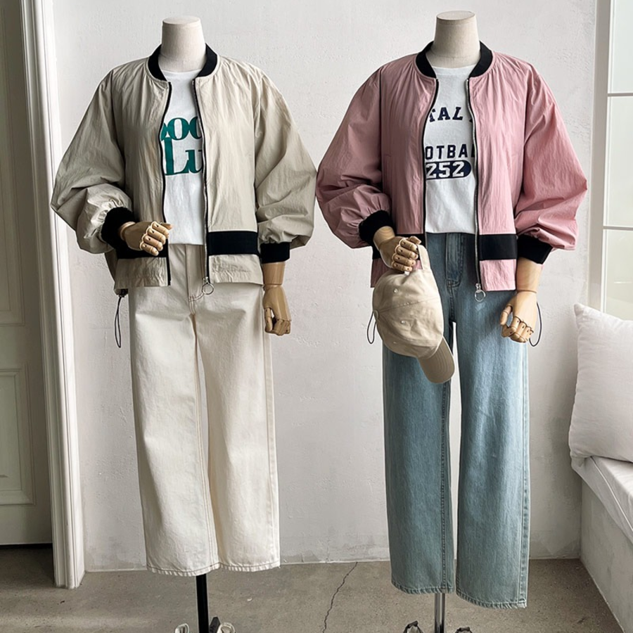 Color-Block No Collar Simple Field Bomber Jacket