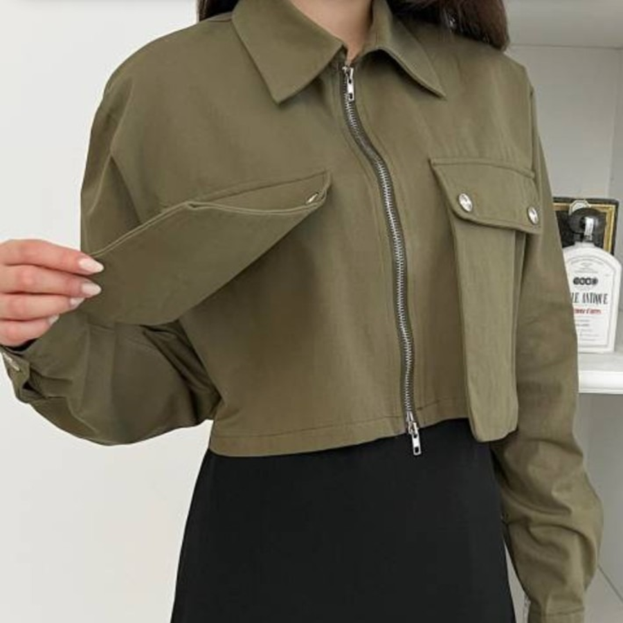 Two-Way Zip-Up Collar Crop Jacket