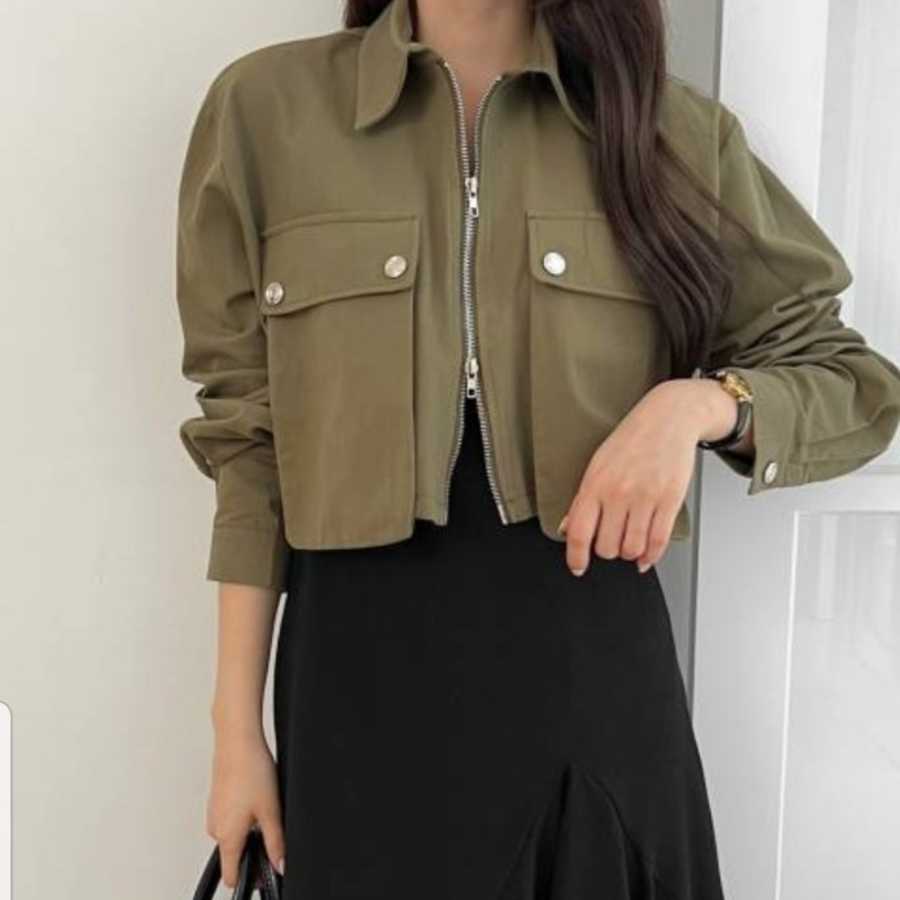 Two-Way Zip-Up Collar Crop Jacket