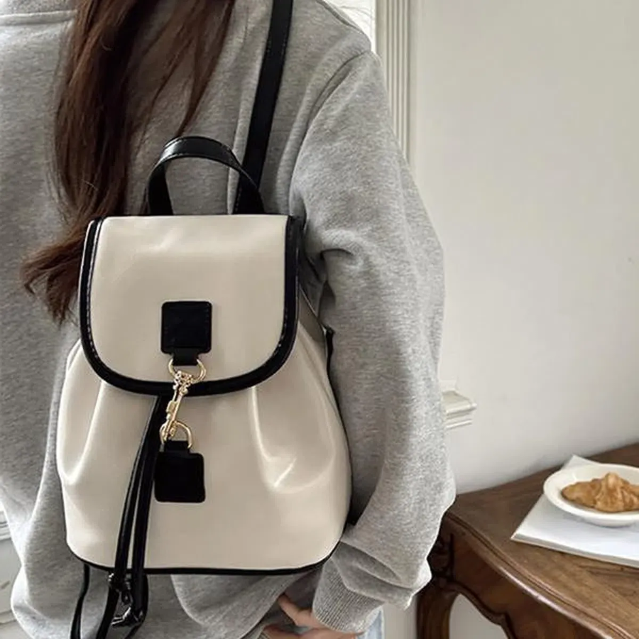 Trendy Leather Mini Drawstring Backpack — компактный акцент в стиле color-block