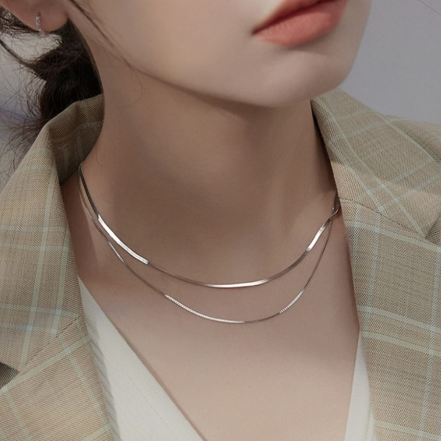 Двойной чокер с цепочкой «змейка» из серебра 925 пробы