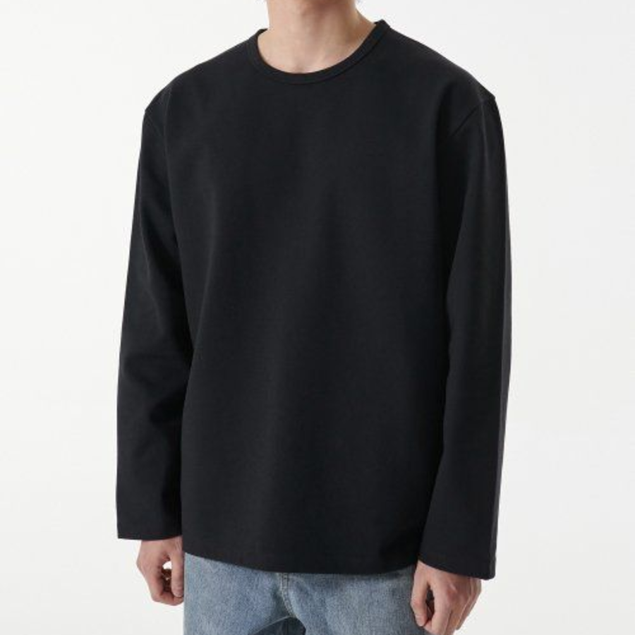 Heavy Ponte Relaxed Crew Neck Long Sleeve T-Shirt [Black]