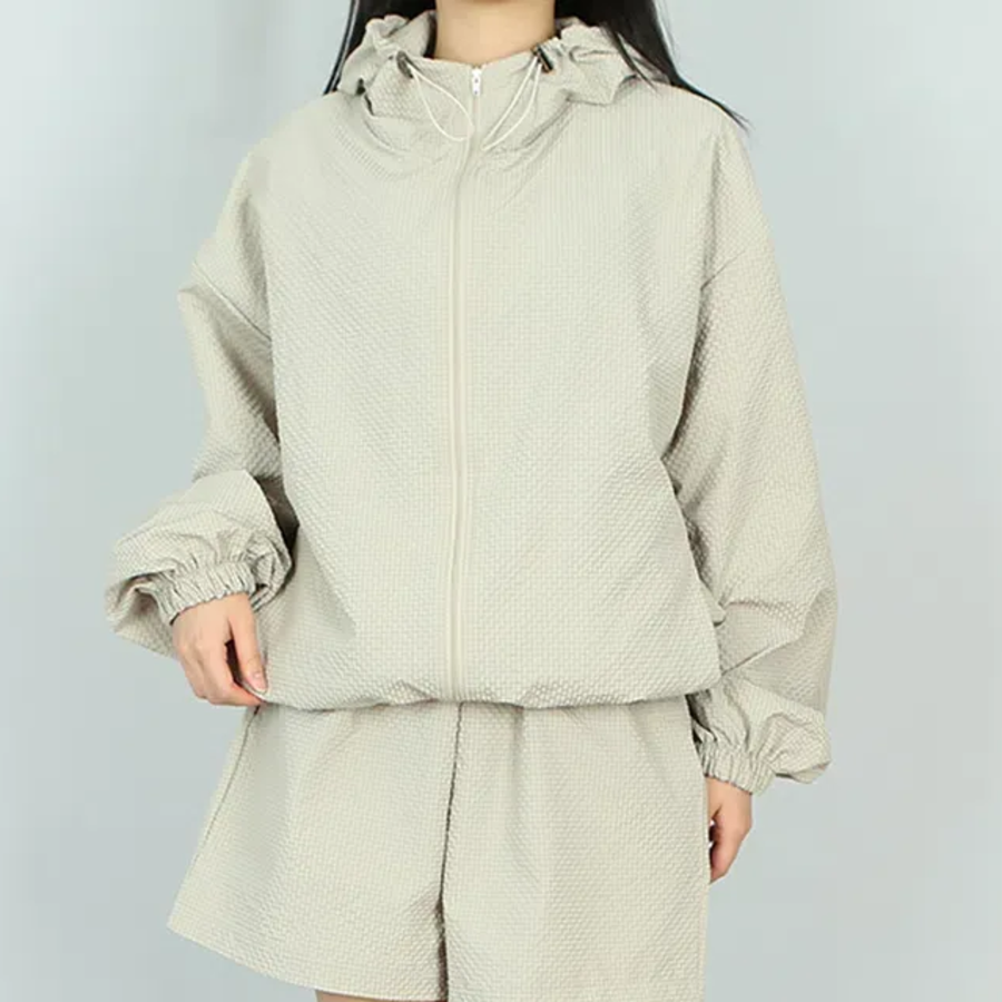 Wind – Crinkle Check High Neck Hooded Zip-Up Windbreaker