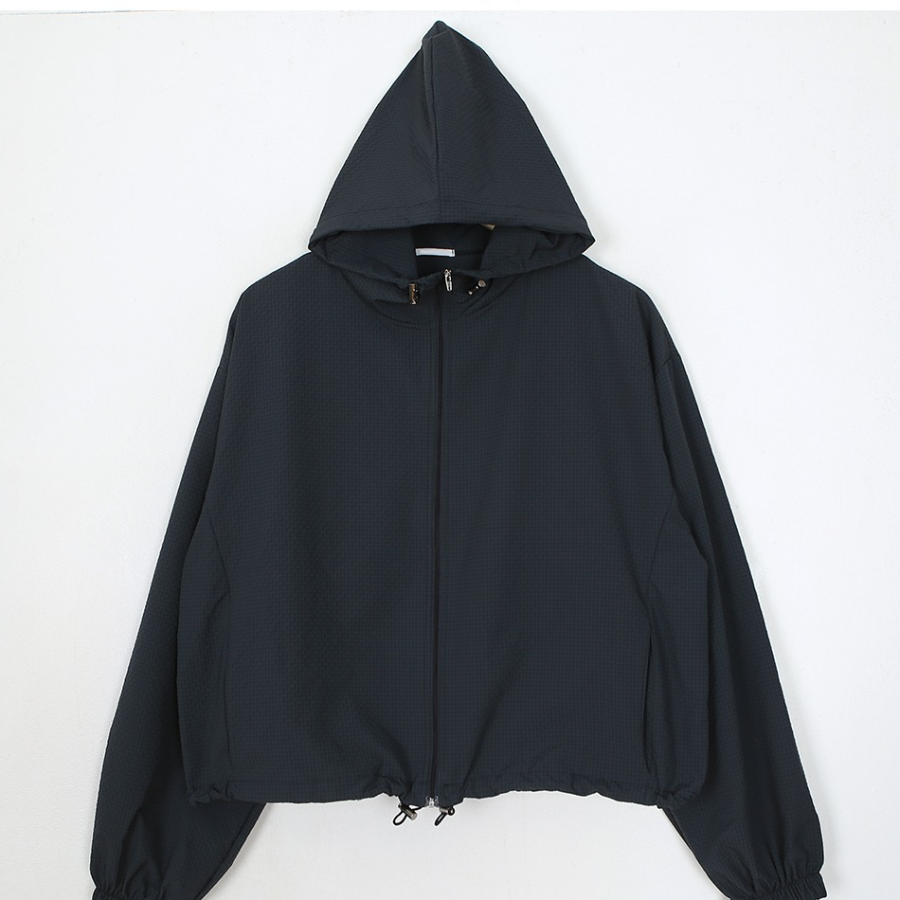 Wind – Crinkle Check High Neck Hooded Zip-Up Windbreaker