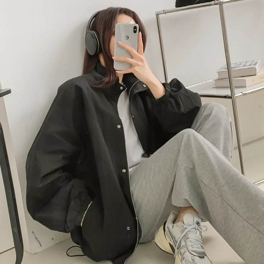 Wind – Plain Snap Button Windbreaker Jacket