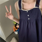 Reve – Navy Square Neck Lace Sleeveless Pajama Set