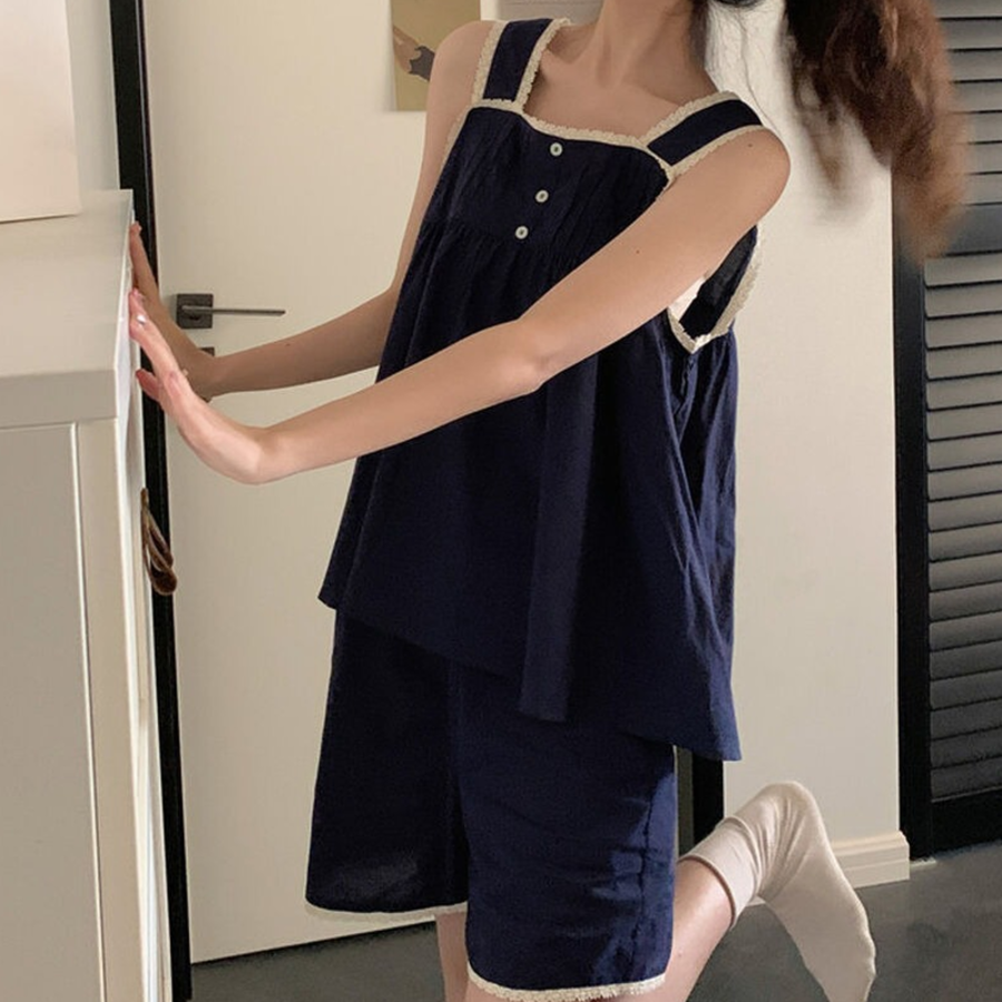 Reve – Navy Square Neck Lace Sleeveless Pajama Set