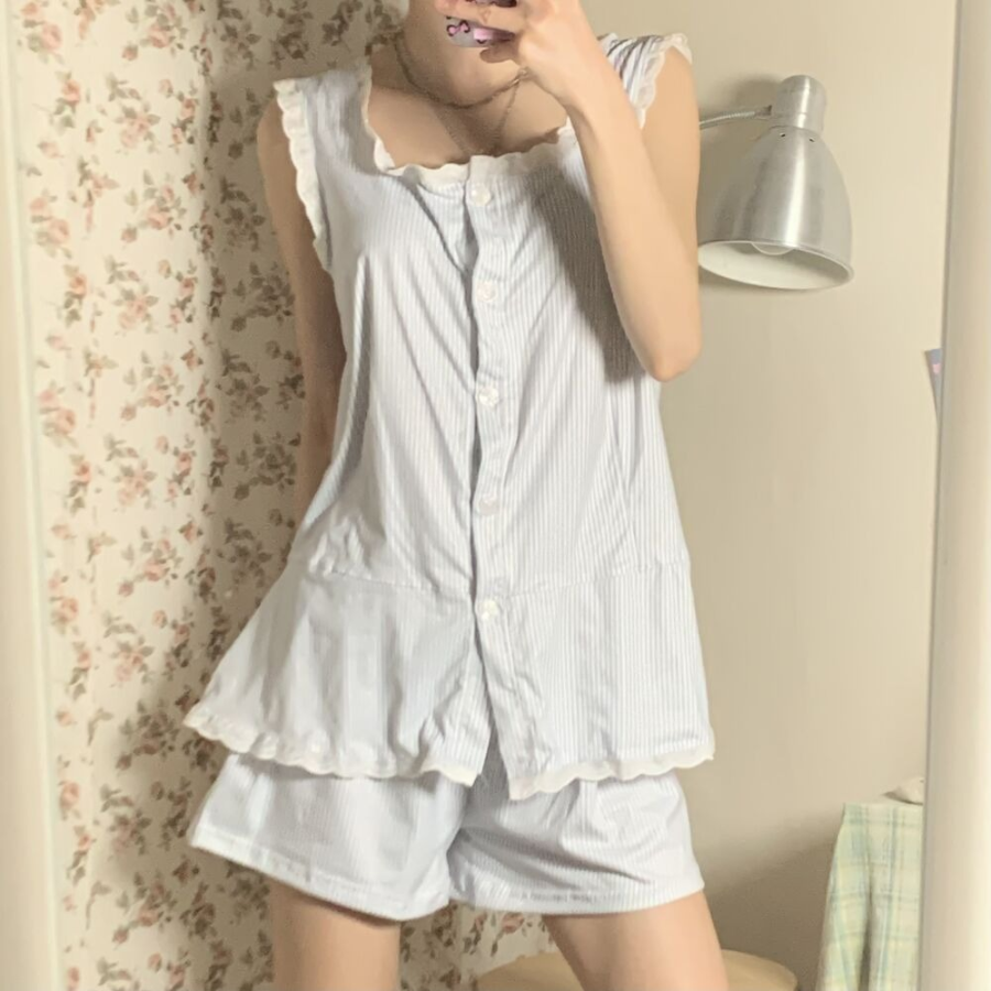 Breezy Stripe Lace Frill Pajama Set