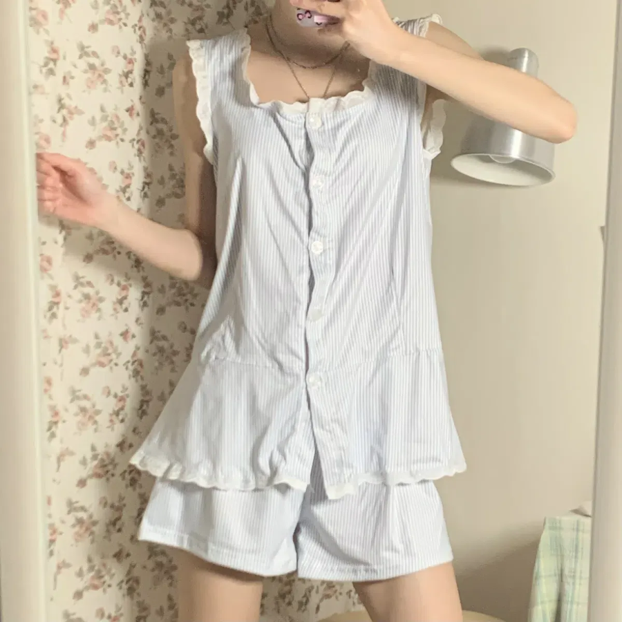 Breezy Stripe Lace Frill Pajama Set