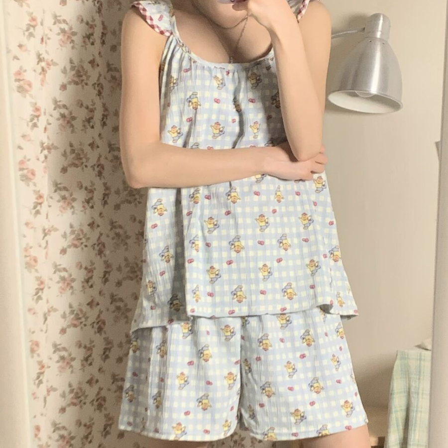 Remang Bear Apple Check Frill Pajama Set