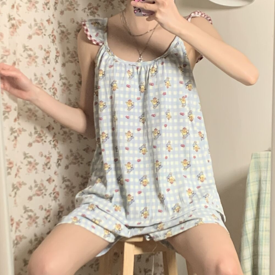 Remang Bear Apple Check Frill Pajama Set