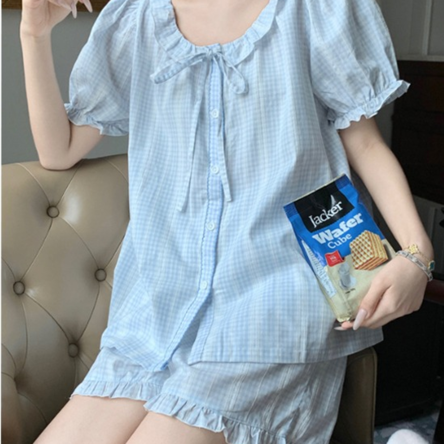 Check Frill Short Sleeve Pajama Set