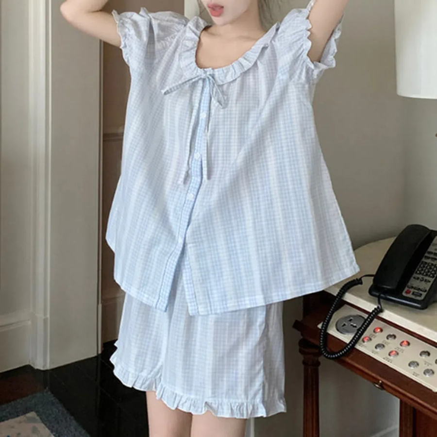 Check Frill Short Sleeve Pajama Set