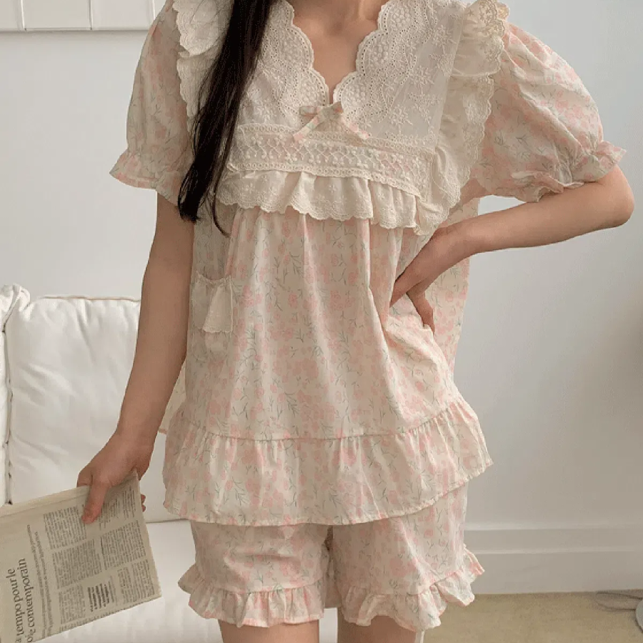 Sweet Flower Frill Short Sleeve Pajama Set