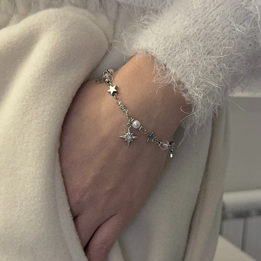 Браслет с бусинами и звёздочками из нержавеющей стали
