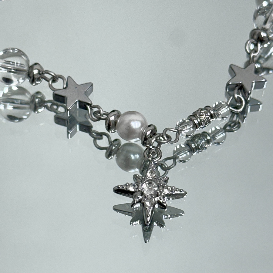 Браслет с бусинами и звёздочками из нержавеющей стали