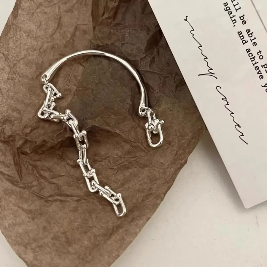 Серебряный браслет с подковообразной пряжкой и массивной цепью