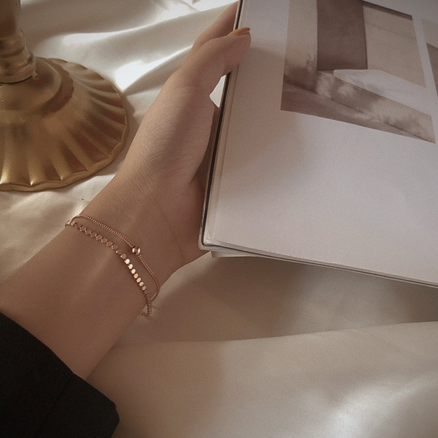 Браслет из розового золота с двойной цепочкой и жёстким ободком (бэнгл)