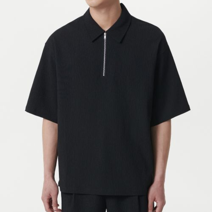Crinkle Relaxed Half Zip Short Sleeve Shirt [Black]