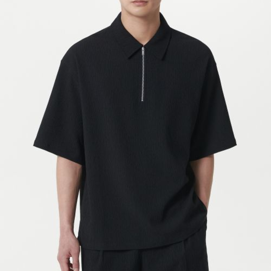 Crinkle Relaxed Half Zip Short Sleeve Shirt [Black]