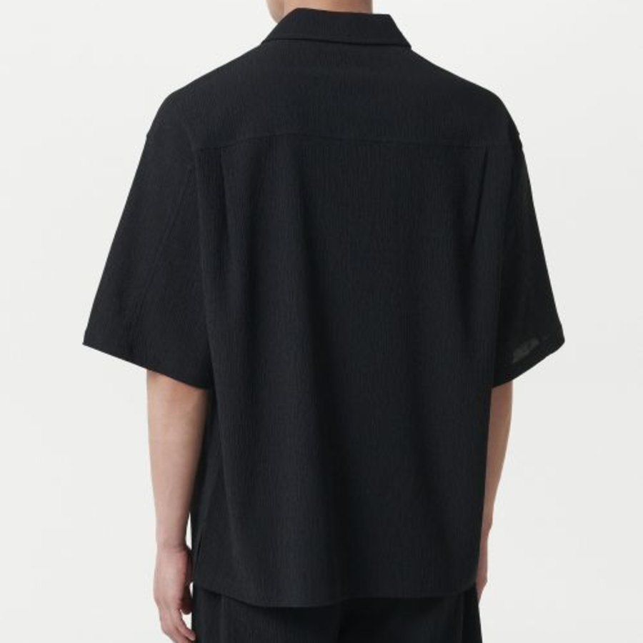 Crinkle Relaxed Half Zip Short Sleeve Shirt [Black]