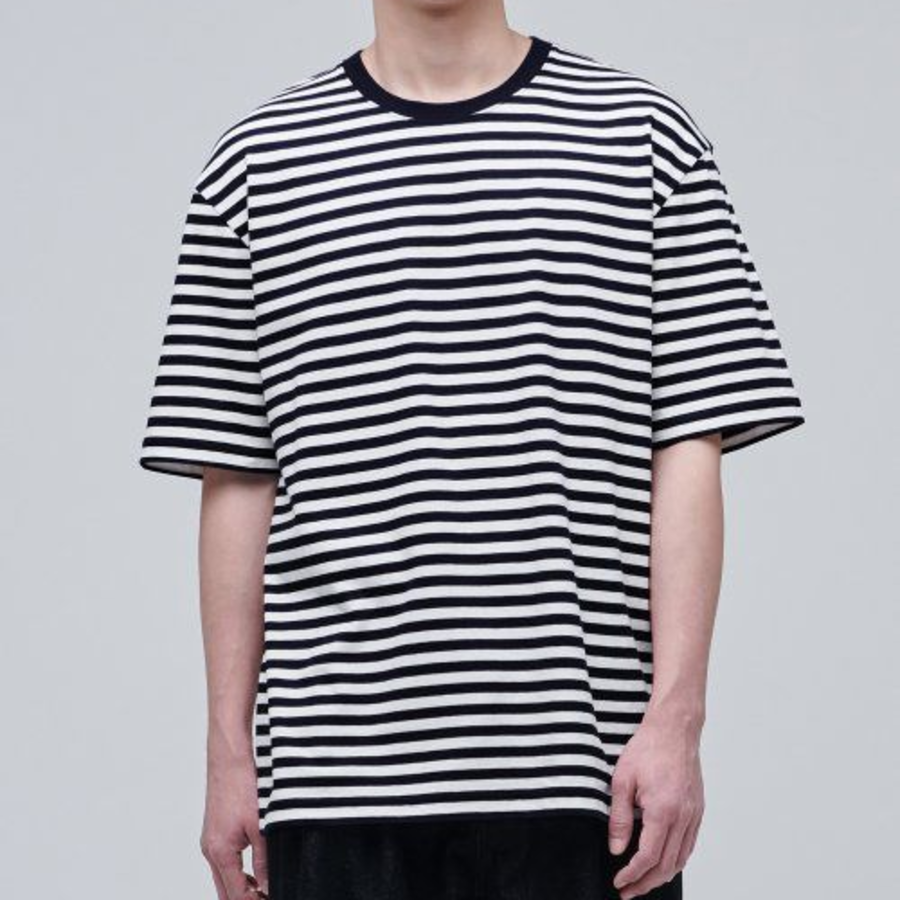 Stripe Relaxed Crew Neck Short Sleeve T-shirt [Black]