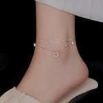 Серебристый браслет на ногу с круглым кристаллом и двойной цепочкой
