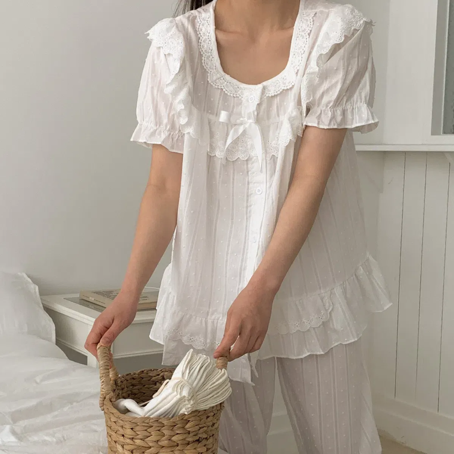 Romantic White Frill Lace Pajama Set