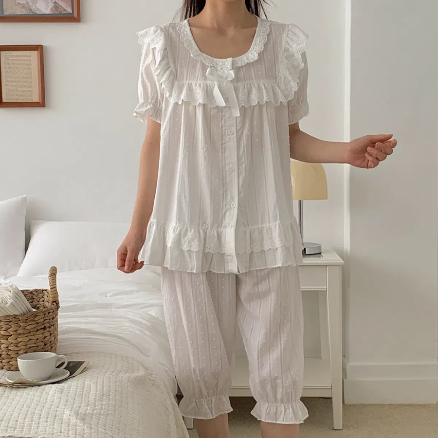 Romantic White Frill Lace Pajama Set