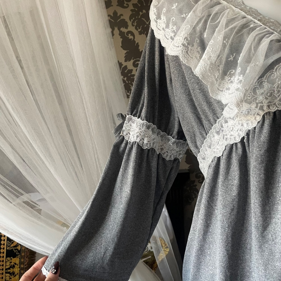 Gongju Deep Gray Frill Lace Homewear Dress