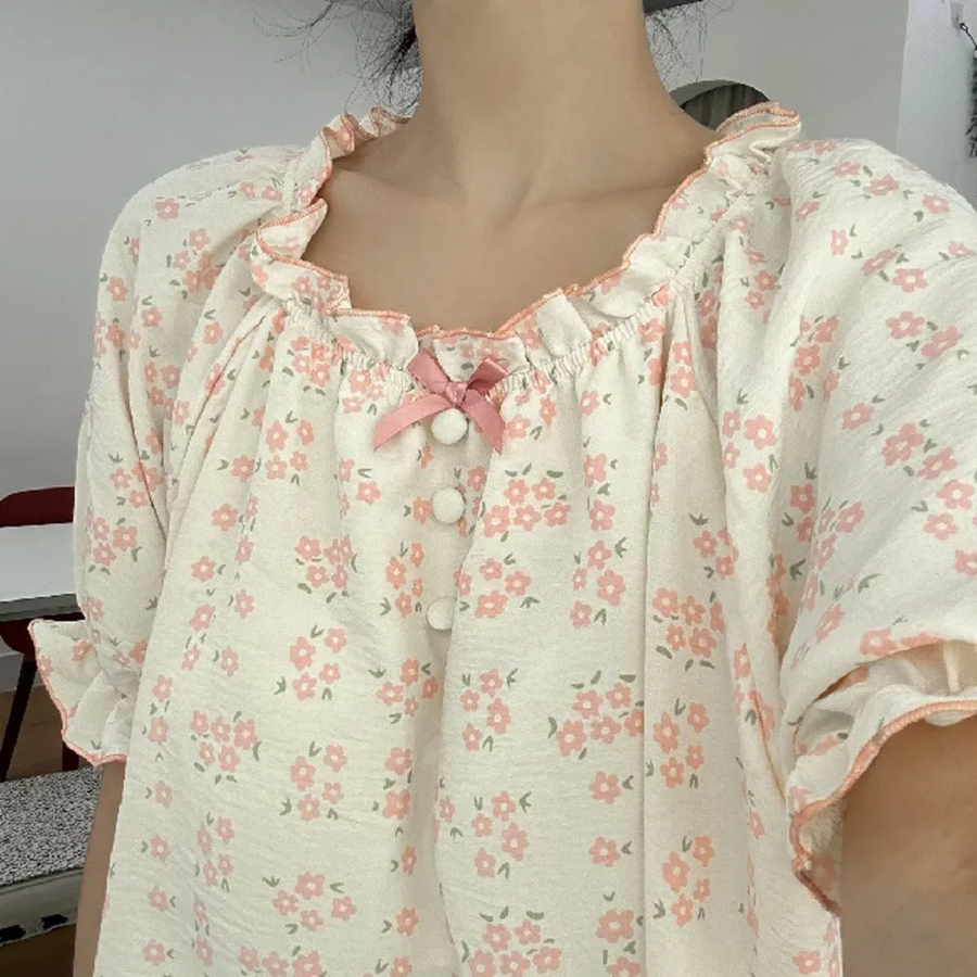 Cute Puff Sleeve Flower Pajama Dress